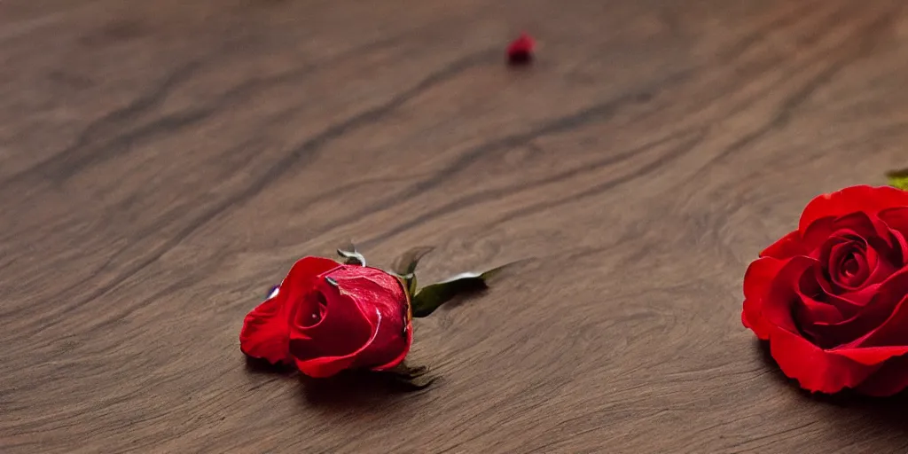 Prompt: a single red rose petal rests on a wooden table with an intricate seashell carved into it, close up view, dramatic lighting, DOF, intricate artwork by Raymond Swanland and Ruan Jia