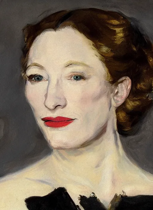 Prompt: An antique oil painting of cate blanchett by Manet, super detailed, photorealism, hd