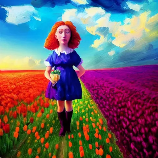 Image similar to dutch girl with singular giant tulip as a head, surreal photography, flower field, sunset dramatic light, impressionist painting, colorful clouds, blue sky, digital painting, artstation, simon stalenhag