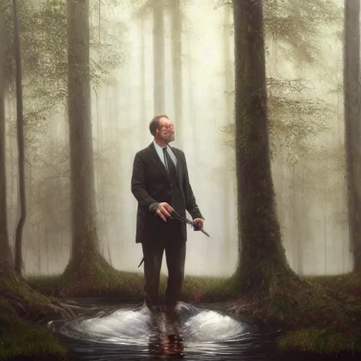 Image similar to detailed oil painting, hyper realistic | digital art, award winning | the businessman floats eerily in the misty forest, uneasy | by roberto ferri, by gustav klimt, by william waterhouse and tom bagshaw | trending on artstation, cgsociety, official art, octane, digitsl painting.