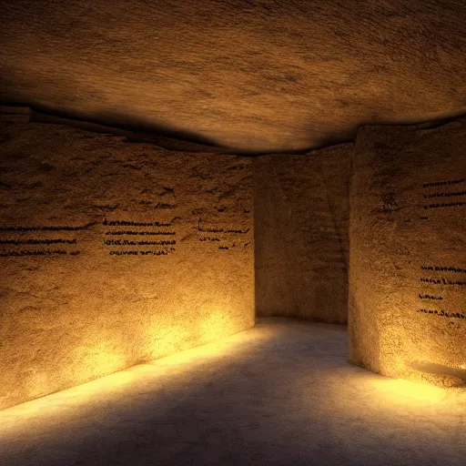 Prompt: ancient cave, nahuatl script, technology, hall of records, glowing, photorealistic