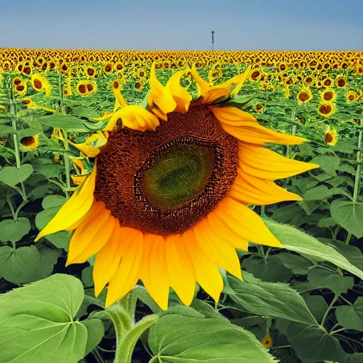 Prompt: a photograph of a sunflower with sunglasses on in the middle of the flower in a field