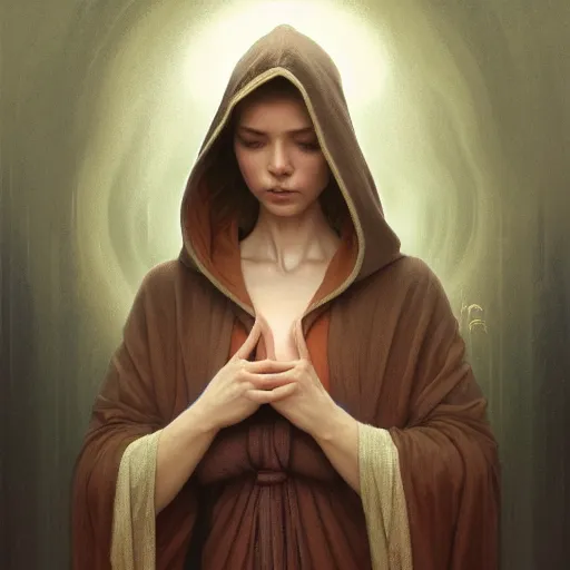 Image similar to Portrait of a young woman wearing a hooded robe, in a trance, non-centered shot, unique, intricate, elegant, highly detailed, digital painting, artstation, concept art, smooth, sharp focus, illustration, art by artgerm and greg rutkowski and alphonse mucha, by beksinski