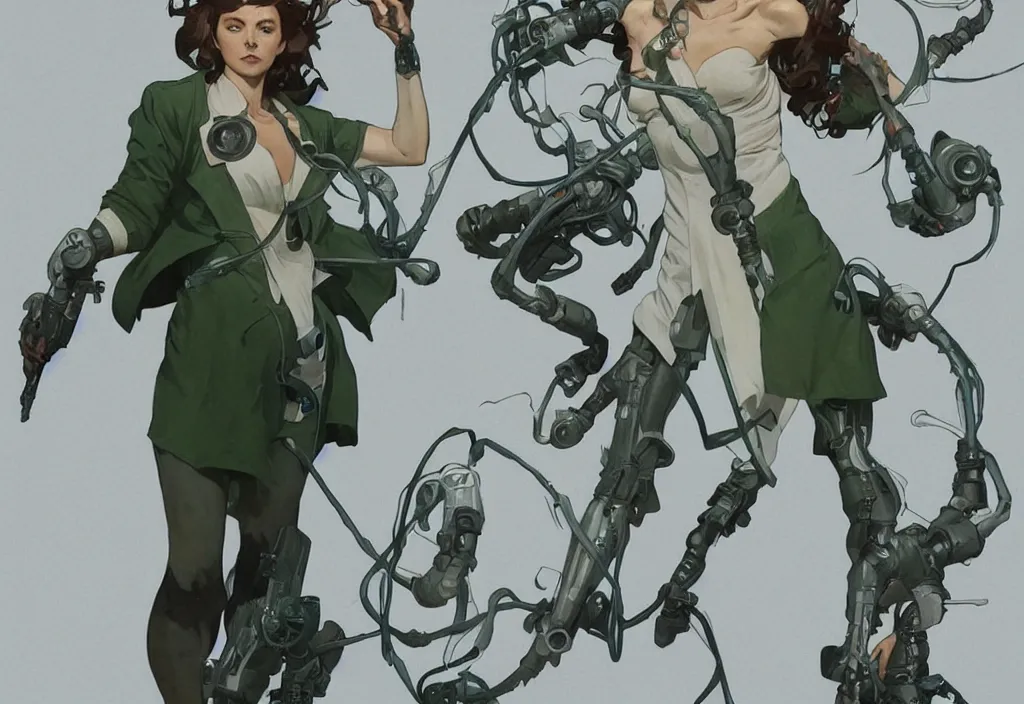 Image similar to a full body character design by artgerm, cushart krenz, greg rutkowski and alphonse mucha. mad scientist woman lab coat!! green plasma laser gun!! cyborg limbs!! sharp edges. ultra clear detailed. 8 k. ultra detailed, elegant, intricate, octane render.