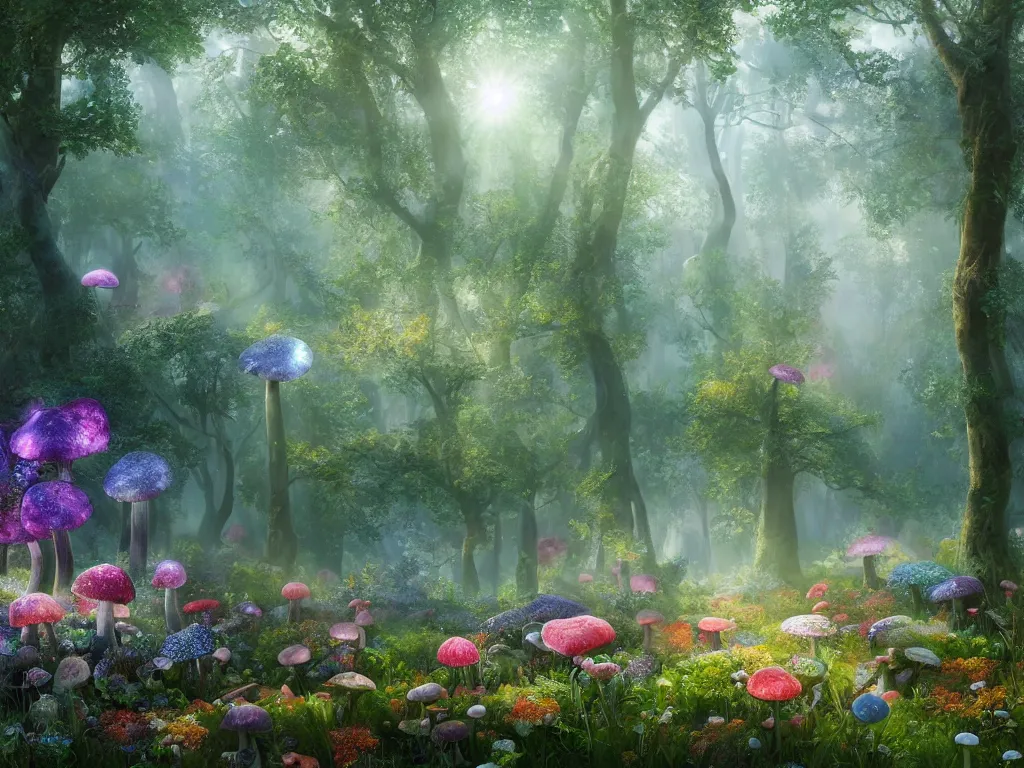 Image similar to 3d render of opalescent iridescent wildflowers in enchanted mushroom forest, Sunlight Study, by Jan Davidsz de Heem and ((((((Lisa Frank)))))), misty morning, Art Nouveau, 8k, extreme detail, sharp focus, octane render