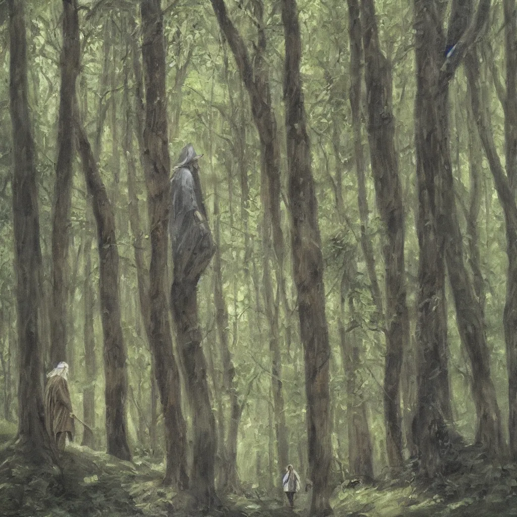 Image similar to Gandalf travelling trough the forest, oil painting