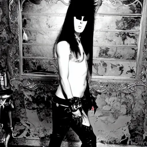 Prompt: a young taime downe of faster pussycat posing cool for the camera, glam metal, 3 5 mm, magazine shoot