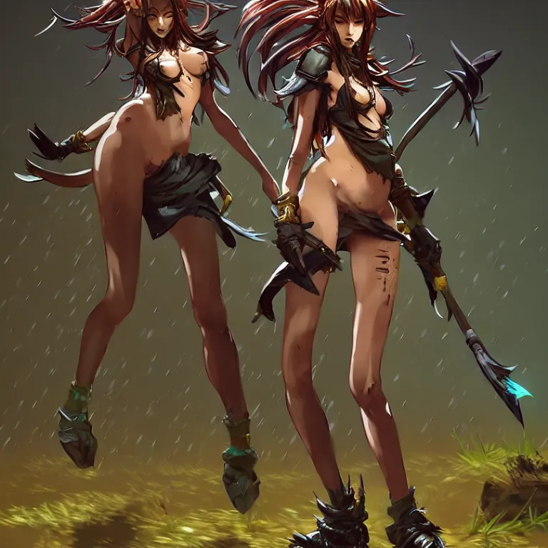 Image similar to an anthro maned wolf girl standing in the muddy rain, standing on an outcropping with a spear in her hands. league of legends splash art by yoji shinkawa and kev walker