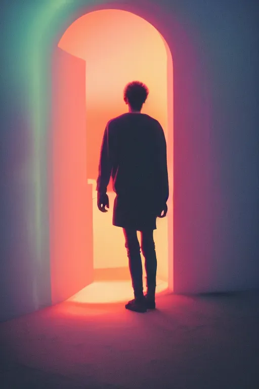 Prompt: kodak portra 4 0 0 photograph of a skinny guy looking into a bright otherworldly swirling glowing portal, back view, vaporwave colors, grain, moody lighting, moody aesthetic,