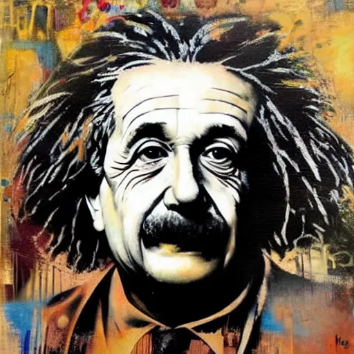 Image similar to portrait of albert einstein by karol bak, banksy, simon bisley, guy denning, mimmo rotella, ravi zupa