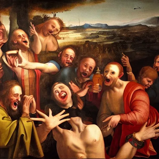 Prompt: Renaissance painting of a laughing vampire in an old bar