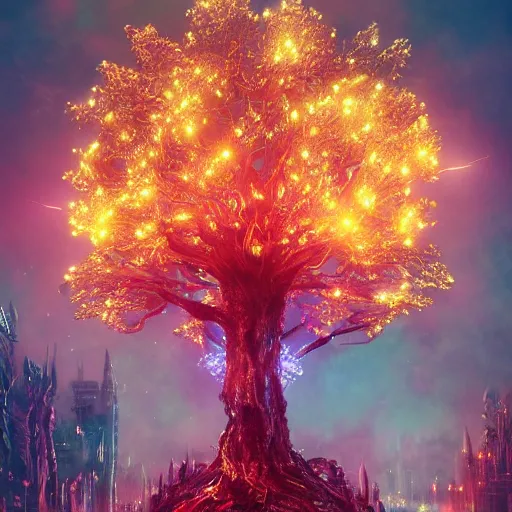 Prompt: an intricate colorful tree with glowing mechanical flowers on asgard, suspended in the air above a street of a sci - fi city made of gold and glass, matte painting, cinemati, dramatic atmosphere, detailed, atmospheric, wide angle, artstation trending