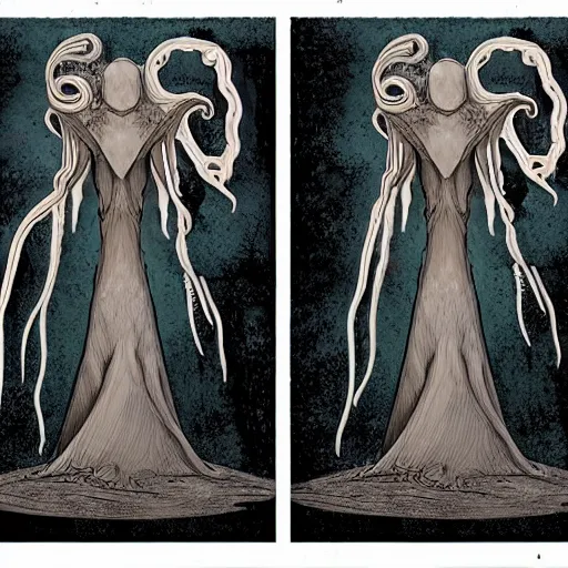 Image similar to concept designs for an ethereal wraith like figure with a squid like parasite latched onto its head and long tentacle arms that flow lazily but gracefully at its sides like a cloak while it floats around a forgotten kingdom in the snow searching for lost souls and that hides amongst the shadows in the trees, this character has hydrokinesis and electrokinesis for the resident evil village video game franchise with inspiration from the franchise Bloodborne and the mind flayer from stranger things on netflix