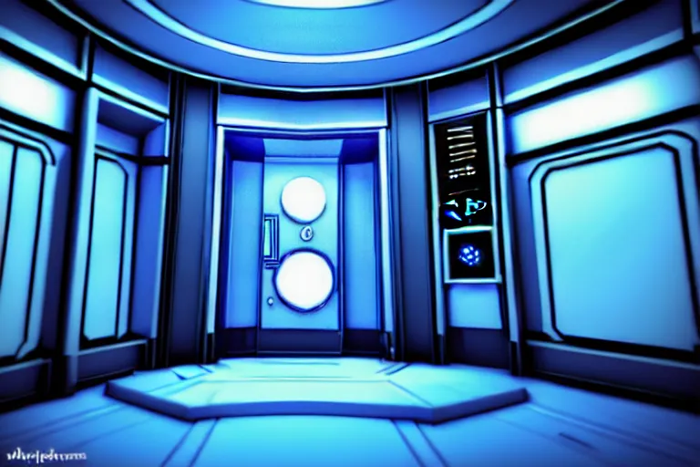 Image similar to futuristic tardis interior stylized like portal 2