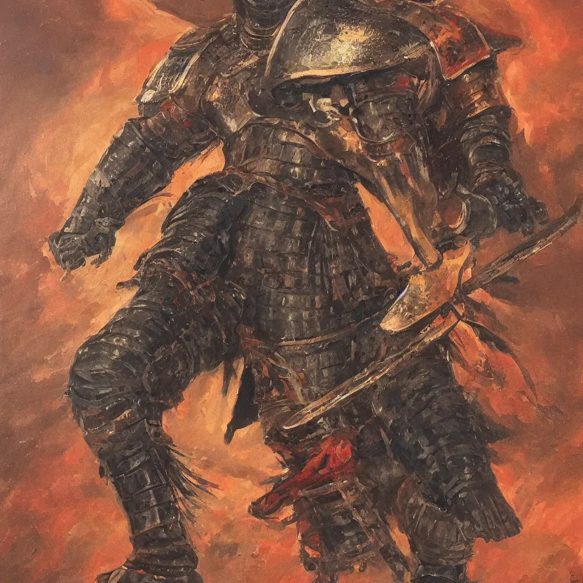 Image similar to a oil paniting of an Knight/samurai in a battle ready pose in the style of Jean Giraud detailed realistic High Resolution HD 8k in color