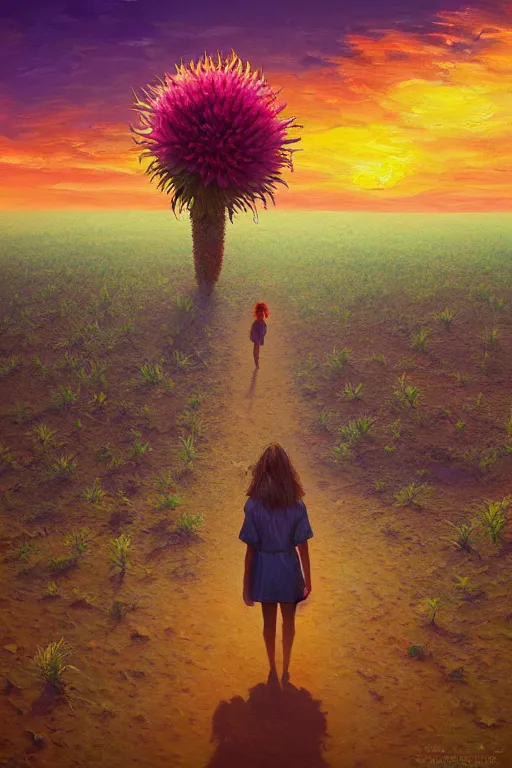 Image similar to giant corn flower head, girl walking in the desert, surreal photography, sunrise, dramatic light, impressionist painting, colorful clouds, digital painting, artstation, simon stalenhag