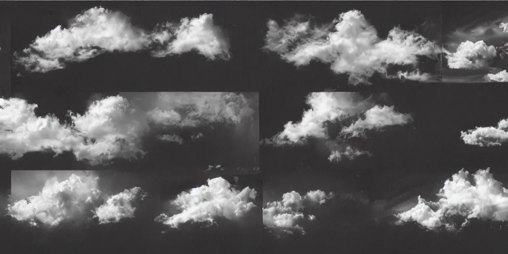 Prompt: full page scan catalogue of clouds on black background, matte painting