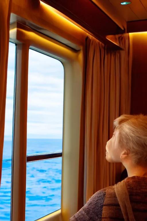 Prompt: a person looking out from a window in a cruise ship cabin