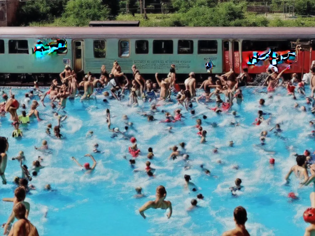 Image similar to a perfect photograph of a train crashing through a crowded swimming pool. sponsored by nike