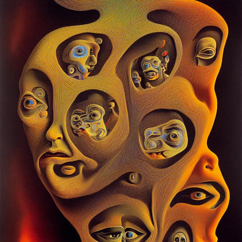 Image similar to a face coming out of a face coming out of a face coming out of a face, recursion, fractals, surreal, by salvador dali and mc escher and max ernst, oil on canvas, weird, dreams, fantasy, intricate details, soft lighting, warm colors