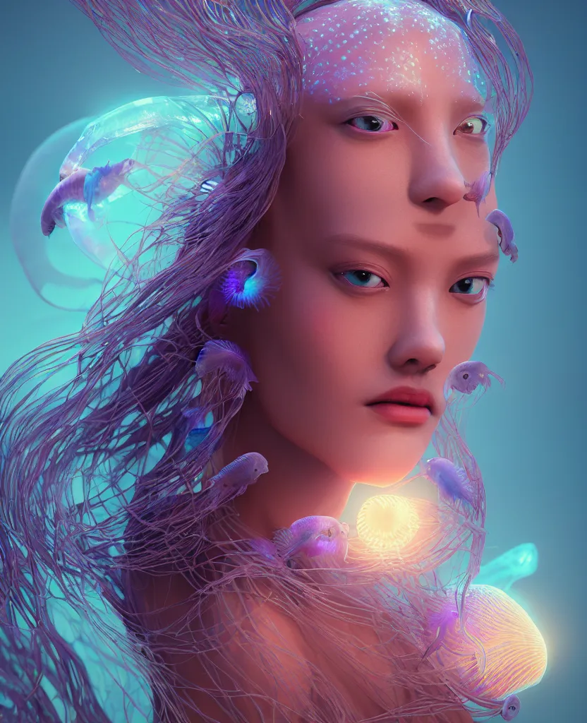 Image similar to goddess close-up portrait. jellyfish phoenix head, nautilus, orchid, skull, betta fish, bioluminiscent creatures, intricate artwork by Tooth Wu and wlop and beeple. octane render, trending on artstation, greg rutkowski very coherent symmetrical artwork. cinematic, hyper realism, high detail, octane render, 8k