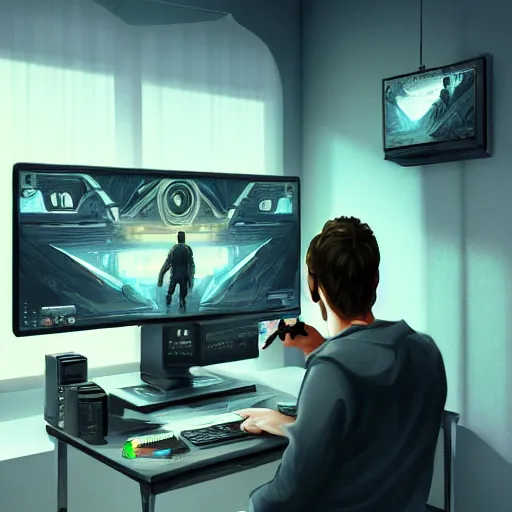Image similar to realistic man using pc in gaming room, artstation trends, sci fi concept art, highly detailed, intricate, sharp focus, digital art, 8 k