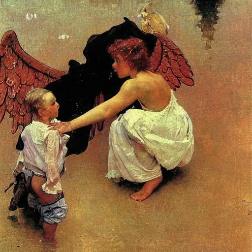 Prompt: a guardian Angel saving a little boy from drowning. Ilya Repin. Norman Rockwell. Masterpiece. Rule of thirds.