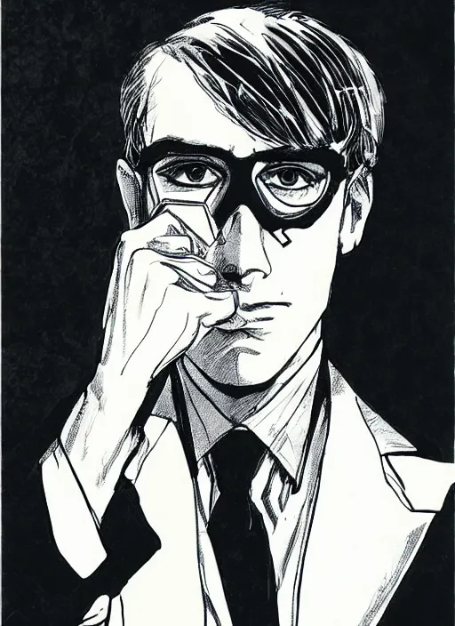 Image similar to portrait of young man wearing black medical mask, suit and tie, style of guido crepax