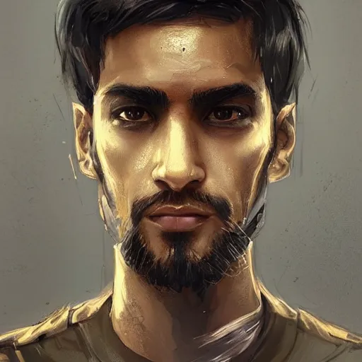 Image similar to Portrait of a man by Greg Rutkowski, cyborg, he is about 30 years old, indian, cybernetic eyes implants, messy long black hair, slim and tall, he is wearing utilitarian beige black jumpsuit, highly detailed portrait, digital painting, artstation, concept art, smooth, sharp foccus ilustration, Artstation HQ.