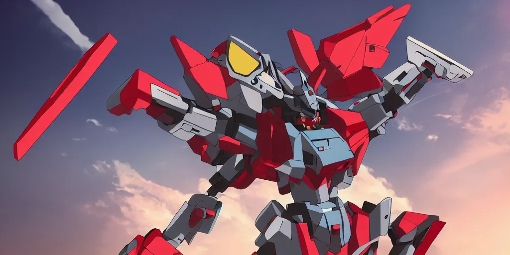 Image similar to socialist gundam communist robot with claws flying in the dawn of the humanity, anime stile, cell shading, cinematic lighting