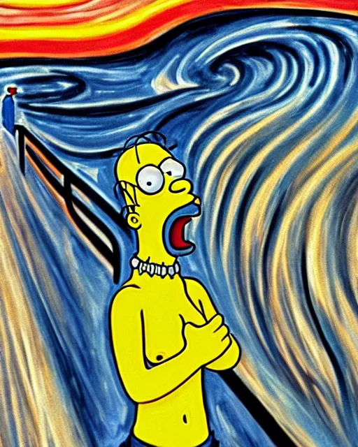 Image similar to a painting of homer simpson screaming in the scream by edvard munch