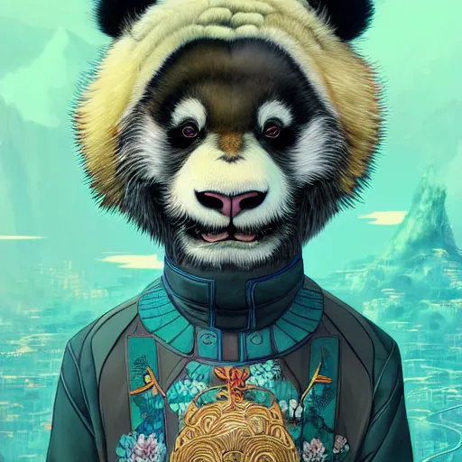 Image similar to a beautiful hyperdetailed character design 4 k wallpaper illustration of a cute panda with a chinese lion dance head victo ngai cyberpunk style, from china, style of studio ghibli, makoto shinkai, raphael lacoste, louis comfort tiffany, artgerm, james jean, ross tran, chinese style