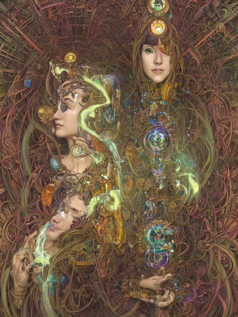 Image similar to an ancient mystical alluring female shaman generating flowing energy and surrounded by wisps of incense smoke sits meditating in a magical cybernetic robot temple , face face face, by android jones and brian froud and alphonse mucha, 3d, cinema 4d render