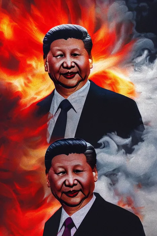 Prompt: detailed illustration, xi jinping as a 1 9 8 0 s wrestling action figure, 习 近 平, ultra realistic, dramatic lighting, thick black swirling smoke tornado, artstation