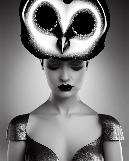 Image similar to surreal mythical dreamy dark artistic black and white fine art 3 / 4 fashion portrait photo of a young beautiful delicate female robot with orchid - owl face, rim light, cinematic, studio dramatic light, poetic, masterpiece, octane render, 8 k, photo - realistic by hg giger and man ray