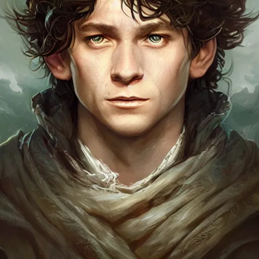 Image similar to masterpiece portrait of a RPG hobbit, D&D, fantasy, highly detailed, digital painting, sharp focus, illustration, art by artgerm and Edmiston and greg rutkowski and magali villeneuve