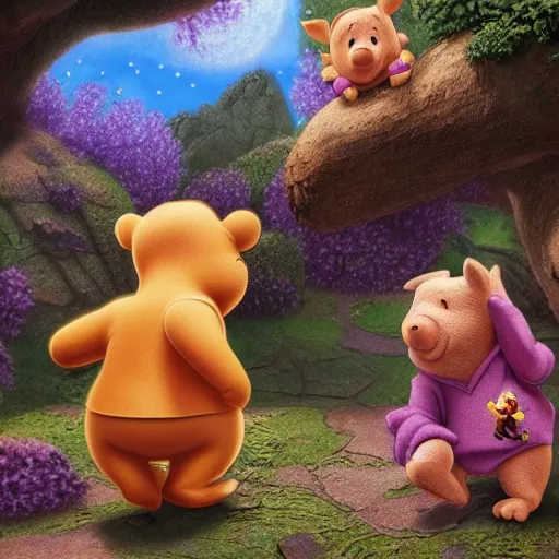 Prompt: Winnie the poo playing with piglet and owl 4k extremely detailed surrealism