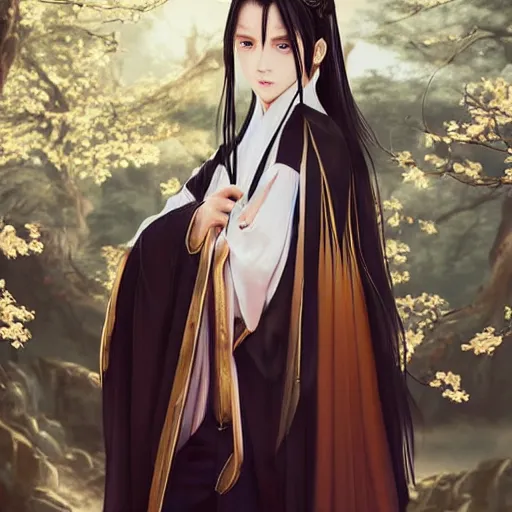 Prompt: a young beautiful prince, golden eyes, long black hair, white hanfu, elegant, intricate, backlit, incredible lighting, strong rim light, subsurface scattering, hyper realistic anime, beautiful landscape, cherry trees, highly detailed digital painting, by Heise Jinyao, Heise-Lian Yan Fang, Feimo, Rossdraws, Sakimichan HDRI, vivid colors, high contrast, trending on artstation 8k