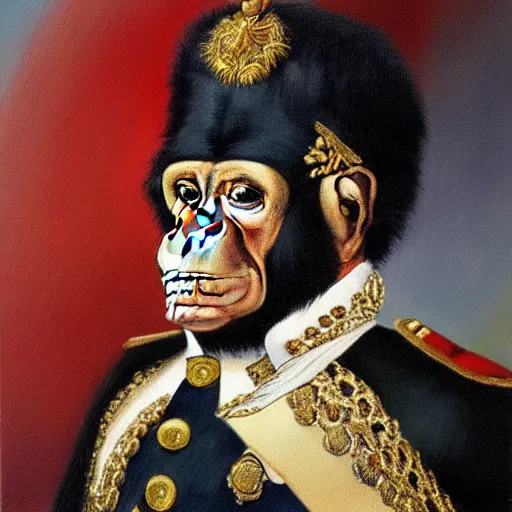 Image similar to An exquisite modern painting of a chimpanzee dressed like a bearded Napoleon with correct military uniform, no frames