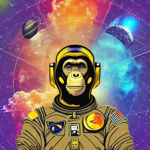 Image similar to double exposure portrait of astronaut and a chimpanzee astronaut with space and time in the the background by davinci, circles, psychedelic, pencil art, fibonaci sequence, dynamic lighting stars, sharpness, golden ratio