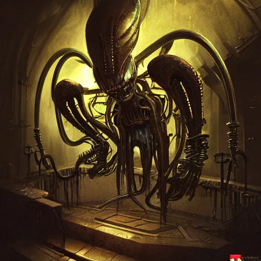 Image similar to mickey mouse xenomorph chimera lurking in dark room, wet dripping, mickey mouse ears, designed by h. r. giger, highly intricate detailed 8 k ultrarealistic octane render by artgerm and rutkowski and beksinski and mucha