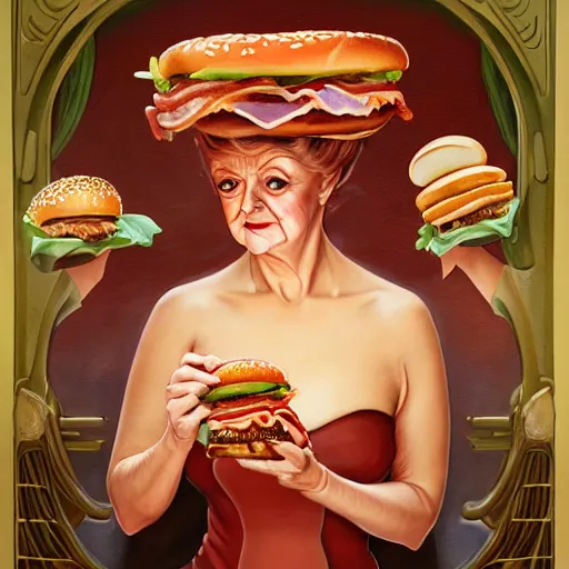 Prompt: detailed full body concept art illustration oil painting of Angela Lansbury consuming hamburgers, extra ketchup, bacon lettuce and tomatos, oriental art nouveau, frock, mid body, radiant halo of light, black gold smoke ink, woman covered in bacon and cheese, peter mohrbacher, artgerm