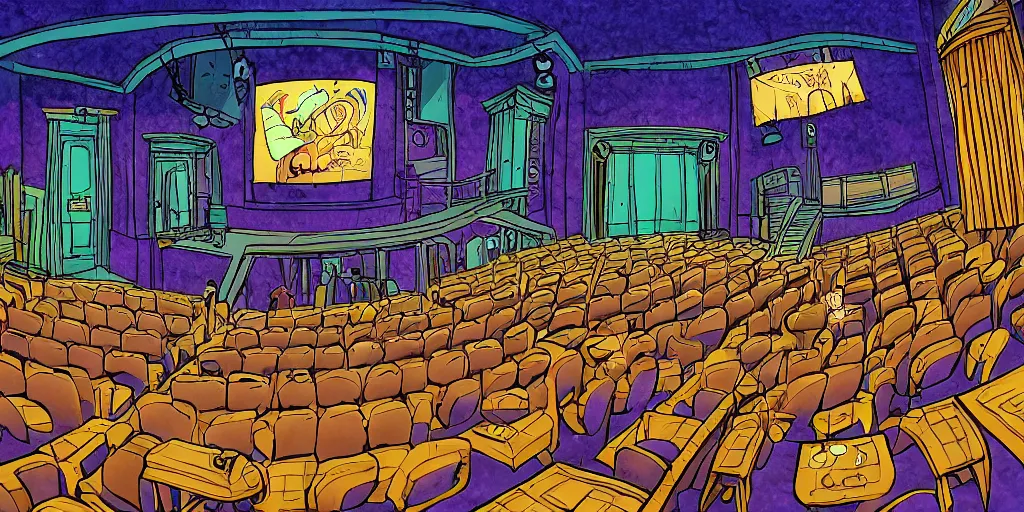 Image similar to a dimly lit, theater hall, 3 doors, 1 staircase, day of the tentacle style, drawn by Peter Chan, fish eye