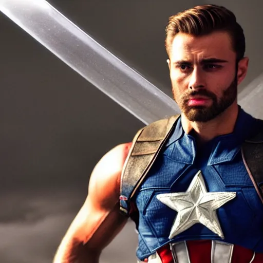 Image similar to Gigachad as Captain America, cinematic lighting, HD,