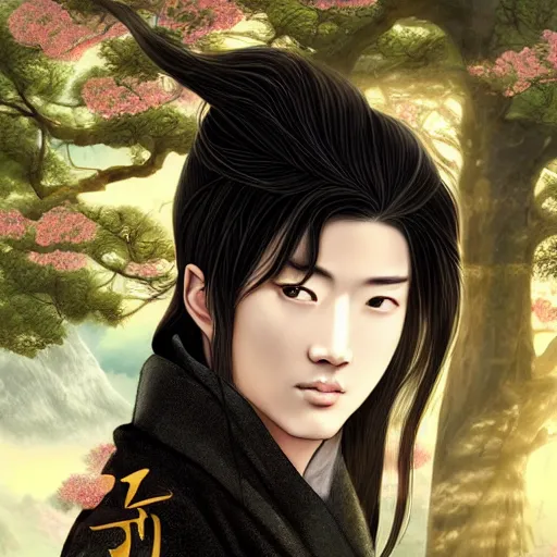 Prompt: a portrait of a young beautiful Chinese prince, golden eyes, long black hair, elegant, intricate, backlit, incredible lighting, strong rim light, subsurface scattering, realistic anime, epic beautiful landscape, cherry trees, highly detailed, god rays, digital painting, by Heise Jinyao, Heise-Lian Yan Fang, Feimo, Rossdraws, HDRI, vivid colors, high contrast, 8k
