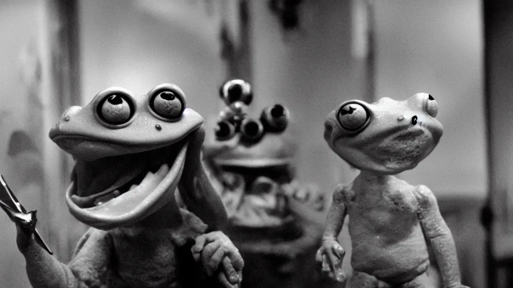 Prompt: a humanoid frog laughing maniacally and holding a knife, by Jim Henson and Paul Oz and John Carpenter, movie still directed by Stanley Kubrick and cinematography by Ari Aster