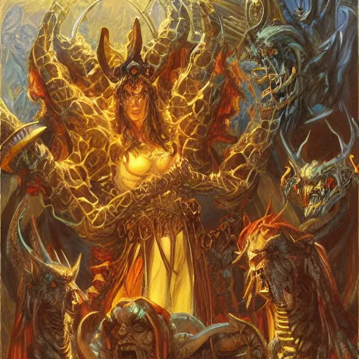Image similar to The demon lord is paying his taxes, art by Donato Giancola and James Gurney, digital art, trending on artstation