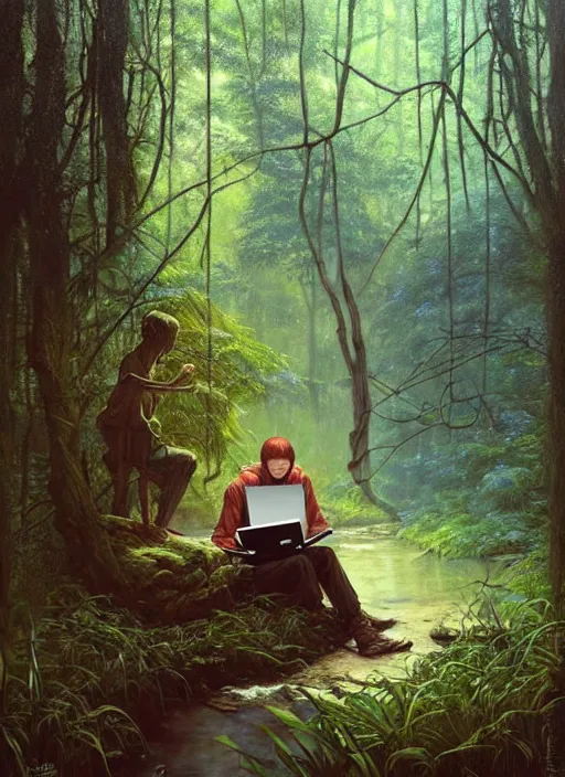 Image similar to computer in the woods by a stream, river gorgeous lighting, lush forest foliage blue sky a hyper realistic painting by chiara bautista and beksinski and norman rockwell and greg rutkowski, tom bagshaw weta studio, and lucasfilm