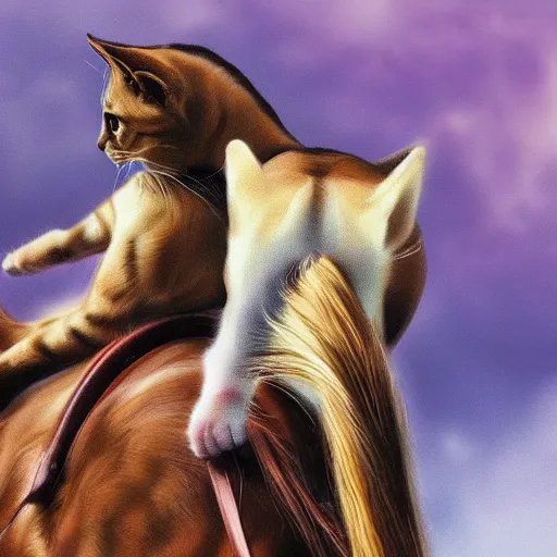 Image similar to a cat riding on a horses back, photorealistic art, high definition