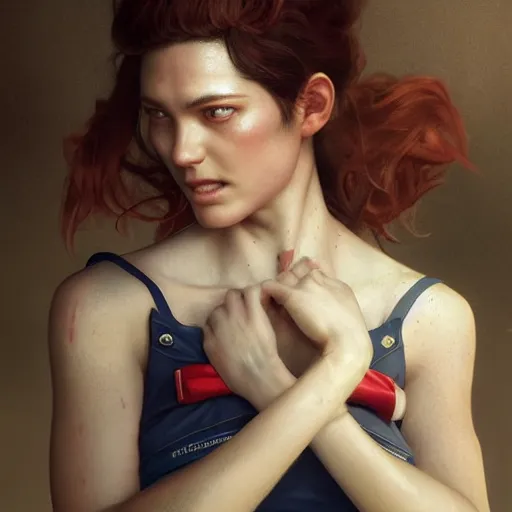 Image similar to epic portrait an beautiful woman wearing short sleeved sailor outfit, sweaty skin, hyperrealistic, expressive, emotional, moody, contre jour, octane render, cinematic, beautiful face and flawless skin, perfect hands, 5 fingers, by Edgar Maxence and Ross Tran and Michael Whelan, Legends of Runeterra